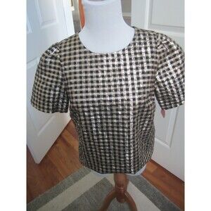 J. CREW LUREX  METALLIC ROSE GOLD & BLACK PLAID SHORT SLEEVE TOP SIZE XS